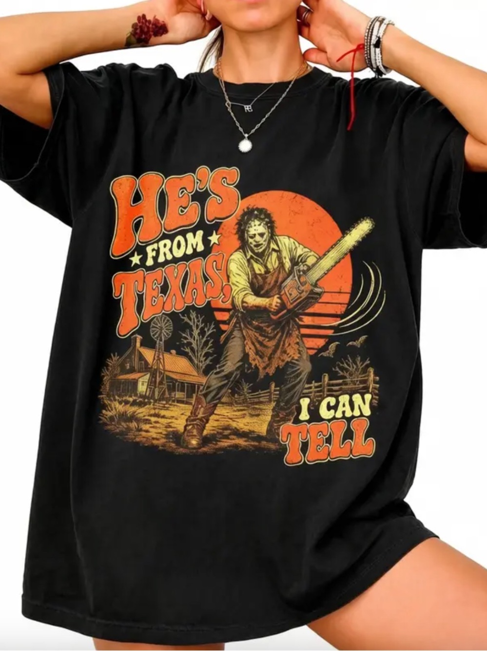 Gildan Black Graphic Tee "He's From Texas I Can Tell" with Orange Vintage Print
